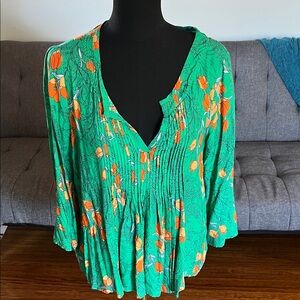 Anthropologie Floral Green and Orange California Poppy  Women's Top size 10